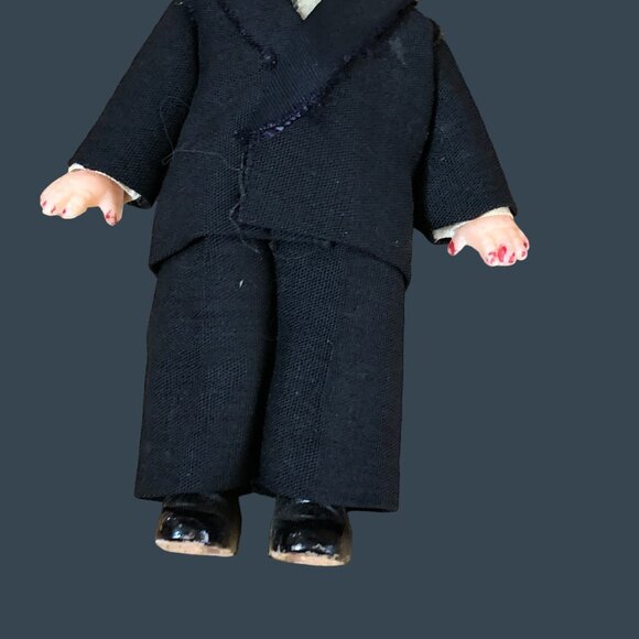 Vintage Celluloid Dolls Bride Groom Red Velvet Dress Rhinestones Cake Toppers - Picture 4 of 12